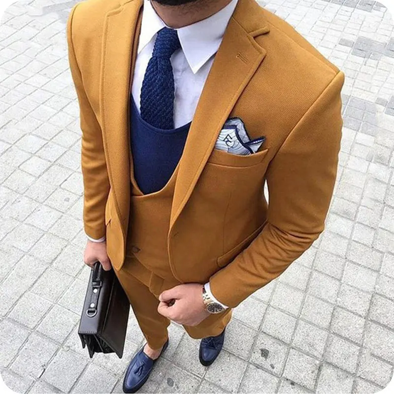 Slim Fit Yellow Formal Men Suits Prom Business Wedding Tuxedos Terno 3 Pieces (Jacket+Pants+Vest) Masculino Blazer Costume Homme slim fit yellow formal men suits prom business wedding tuxedos terno 3 pieces jacket pants vest masculino blazer costume homme