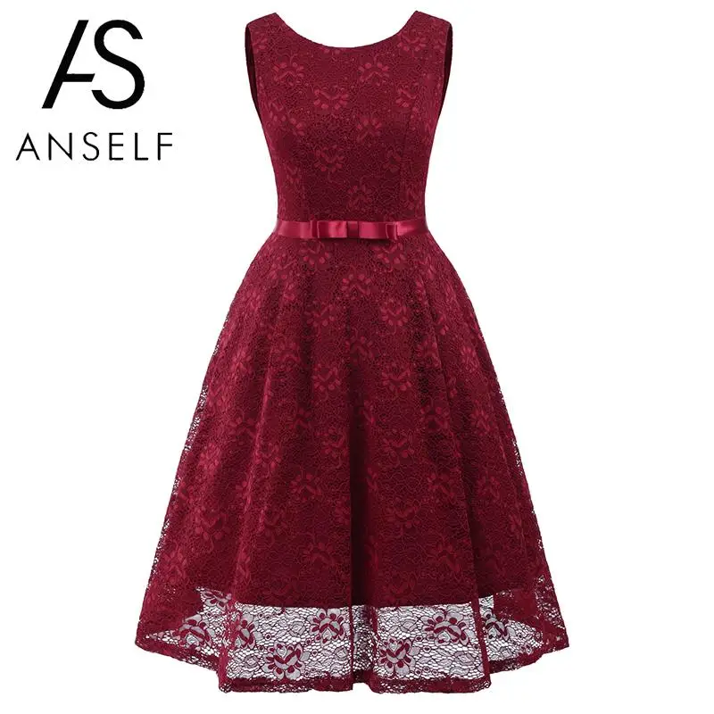 Vintage Women 1950s Elegant Lace Dress O Neck Sleeveless V Back Dress for Wedding Bowknot Evening Party Dresses Vestidos Festa