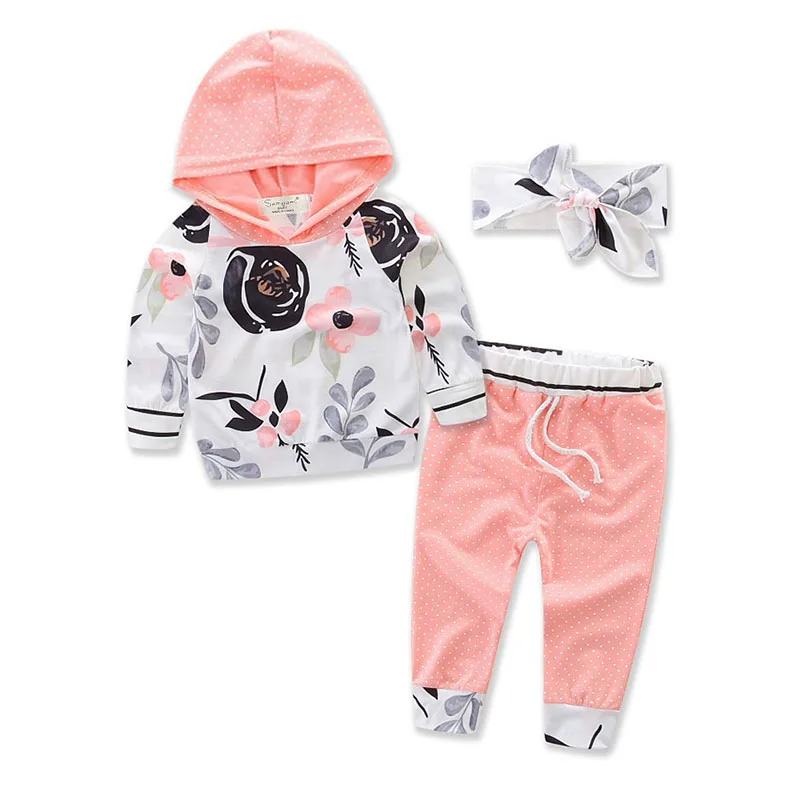 

2018 Autumn Newborn Baby Clothes Unisex Long Sleeve Hooded Sweatshirt Tops+Pant+Headband 3PCS Kids Clothing Set 0-24M