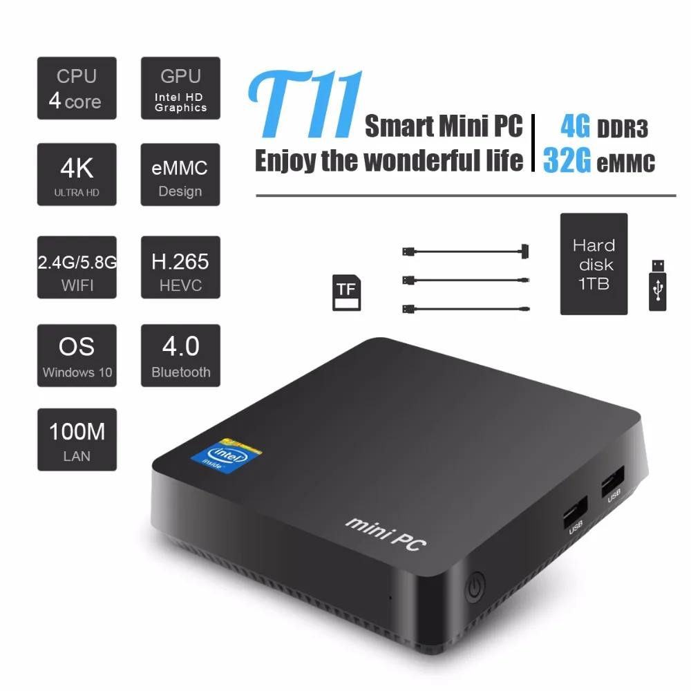 T11 MINI PC Windows 10 Intel Z8350 Atom 4G Оперативная память 64G MEM HDMI и VGA поддержка де вылет 2,5 pouces HDD Win10