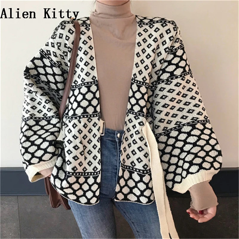 Alien Kitty Fashion Women Autumn Long Sleeve Jacket 2018 Ladies Elegant Open Stitch Loose Geometric Sashes Sweater Coat Casacos | Женская