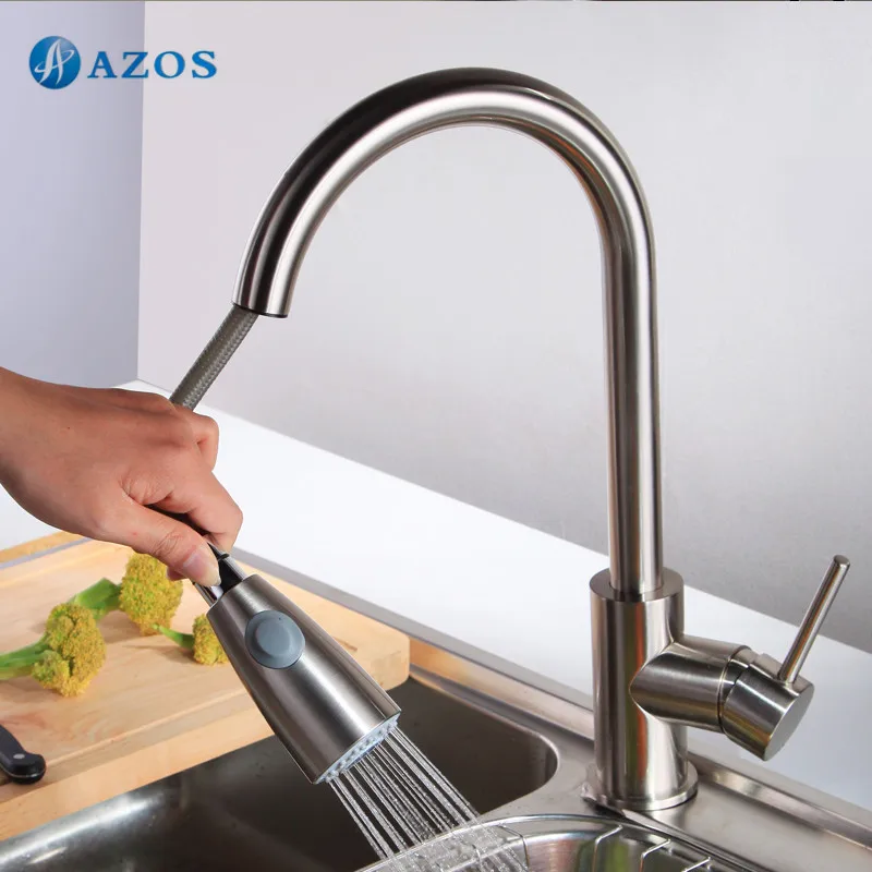 Modern Kitchen Faucet Pull Out Single Handle Swivel Spout Vessel Sink Mixer Tap Brushed Nickel Chrome Polish 2 Color CLCFD016 hot sale brushed nickel kitchen faucet spring style swivel spout single handle vessel mixer tap