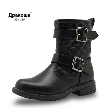 

Apakowa Spring&Autumn Mid-Calf Girl Boots for Kids Cotton-Padded Pu Leather Shoes for Girls Fashion Motor Boots with Buckles