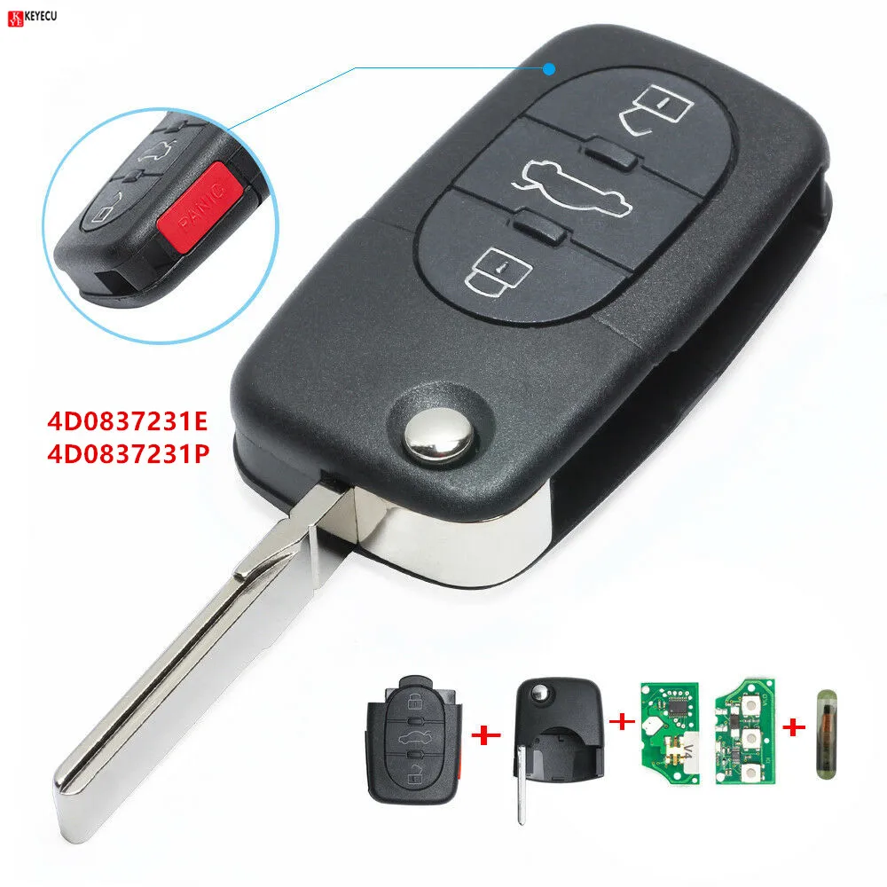 OCPTY 1 X Flip Key Entry Remote Control Key Fob Transmitter Replacement for for Audi A4 A4 Quattro A6 A6 Quattro A8 A8 Quattro Allroad Quattro Cabriolet 4D0837231P 4 Buttons 