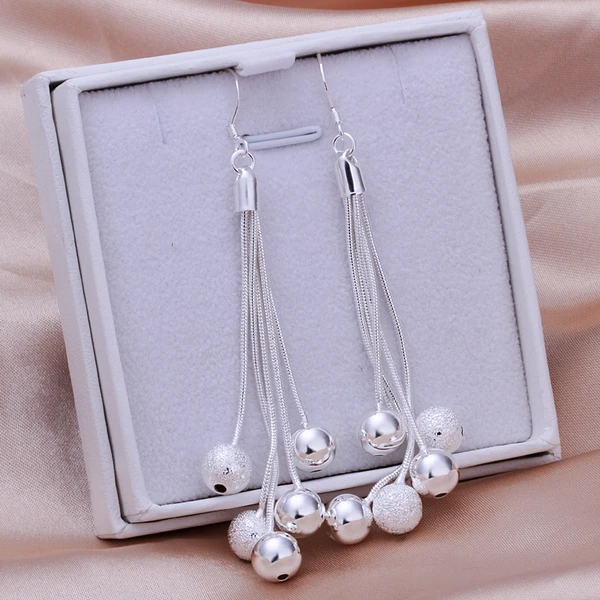 

925 Silver Jewelry Dangle Earrings five snake chains link smooth dull polish balls beads for Women long hook Earring Gift