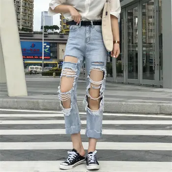 

HziriP Korea Hole Sexy 2019 Summer Straight Ankle Length Pants Women High Waist New Female Solid Loose Hot Jeans Denim Trousers