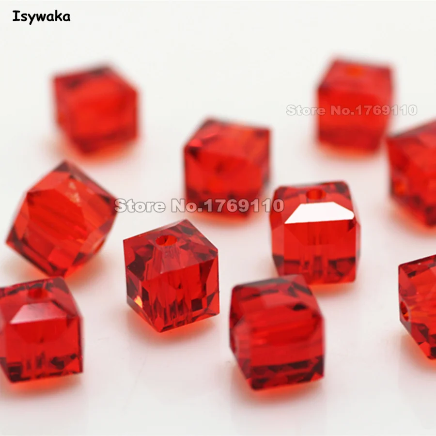 Isywaka 100pcs 8mm Red Color Square Austria Crystal Beads Charm Glass