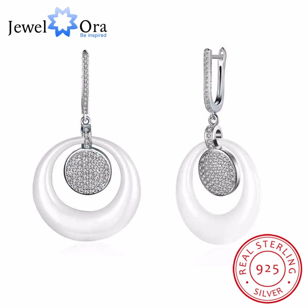 

Women Sterling Silver 925 Drop Earrings Vintage White Round Ceramic With Micro-Inserted Zircon Earing Gift JewelOra EA101954