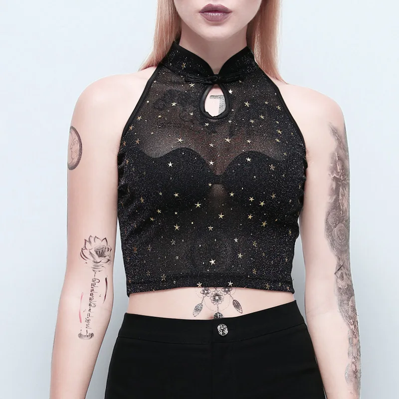 

RAISEVERN Harajuku 2019 Summer Women Star Printed Perspective Crop Tops Hollow Sleeveless Tee Tops Vintage Cheongsam Collar Vest