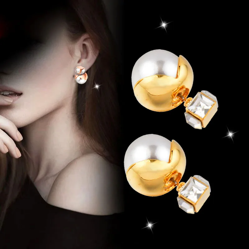 

SINLEERY Fashion Cube Cubic Zirconia Stud Earrings Rose Gold Color Double Sided Pearl Earring Women Wedding Jewelry Es582 SSC
