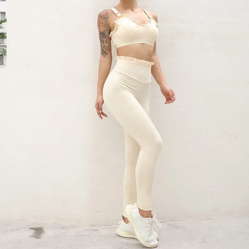 

Sexy Spaghetti Strap Solid 2 Piece Set Women Streetwear Backless Ruffle Leggings Suit Short Casual Sport Elastic Outfits