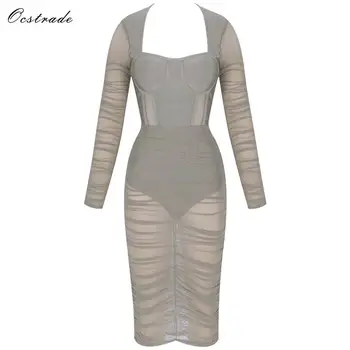 

Ocstrade Winter Bandage Bodycon Dress 2019 New Arrivals Olive Green Ruched Mesh Sexy Women Long Sleeve Bandage Dress Knee Length