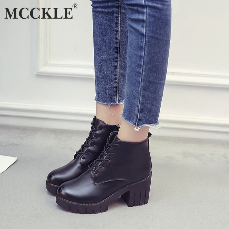 

MCCKLE Autumn Women Ankle Boots Fashion Lace Up High Heel Shoes Female Short Boot Fashion Zipper Platform Casual Footwear Shoe