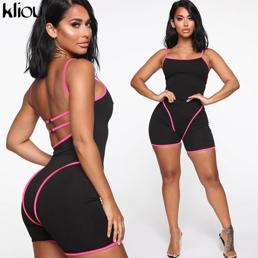 Kliou, модный сексуальный комбинезон без бретелек, обтягивающий комбинезон, открытая спина, на бретелях, пуш-ап, боди, женская одежда для фитнеса, клуба - Цвет: Черный