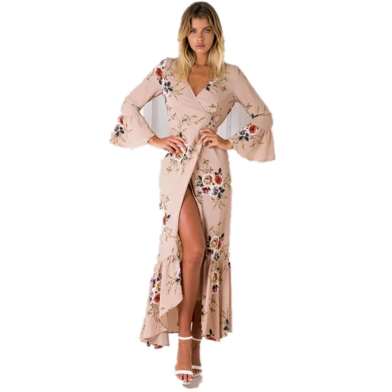 Buy Cheap Boho chic Summer style high split women dress 2017 bohemia beach dress full sleeve v-Neck print loose maxi long beach wear dress