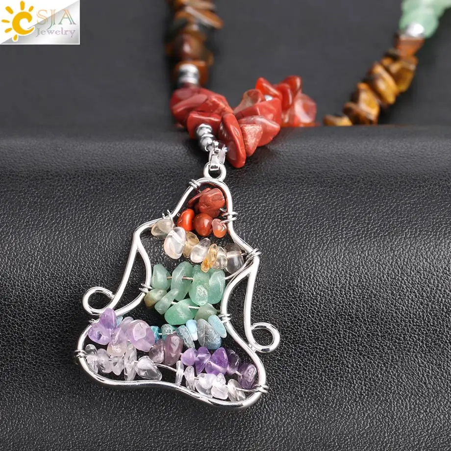 CSJA Healing Yoga 7 Chakras Beads Pendants Long Necklaces Women Natural Stone Chip Statement Necklace Chain Reiki Jewellery S407