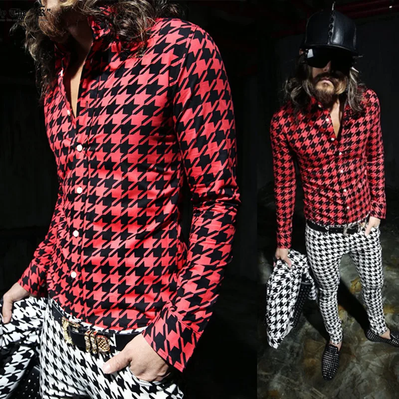 

Newest men nightclub singer houndstooth slim fit shirt camisa masculina mens casual hiphop punk stage costume blusas