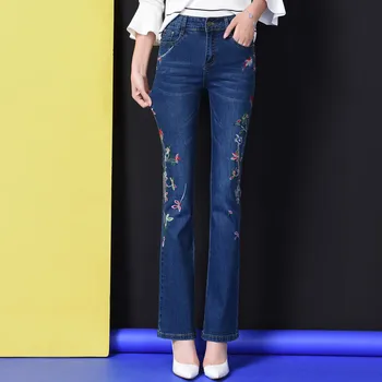 

ACRMRAC Women jeans Spring and autumn Slim embroidery Mid-rise jeans elastic force Skinny Straight pants Large size jeans Women
