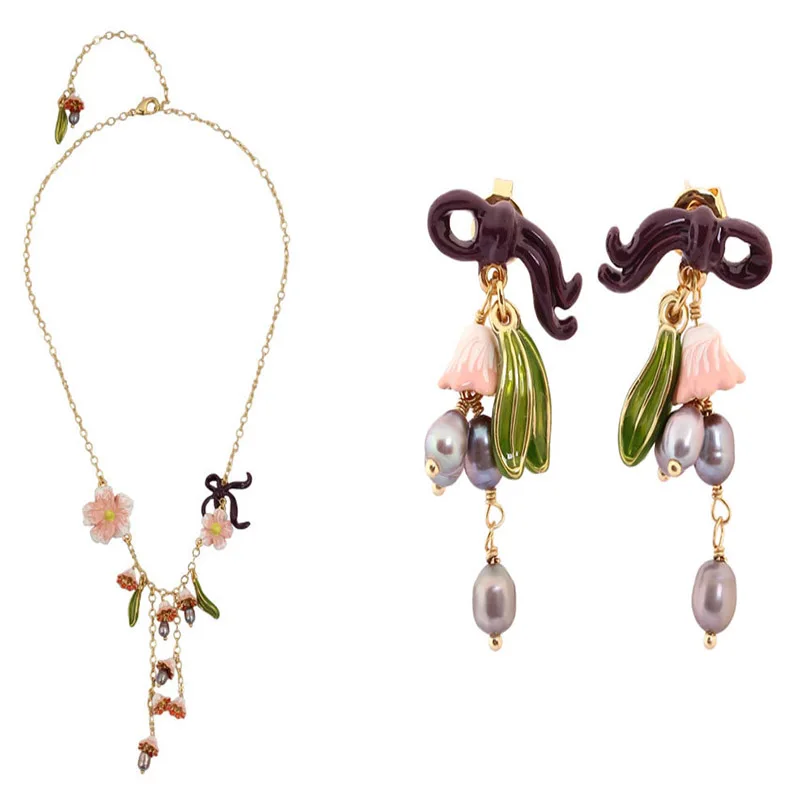 

France Dyxytwe Flowers Bow-knot Earring Necklace Jewelry Sets Enamel Glaze Good Quality For Women Christmas Gift