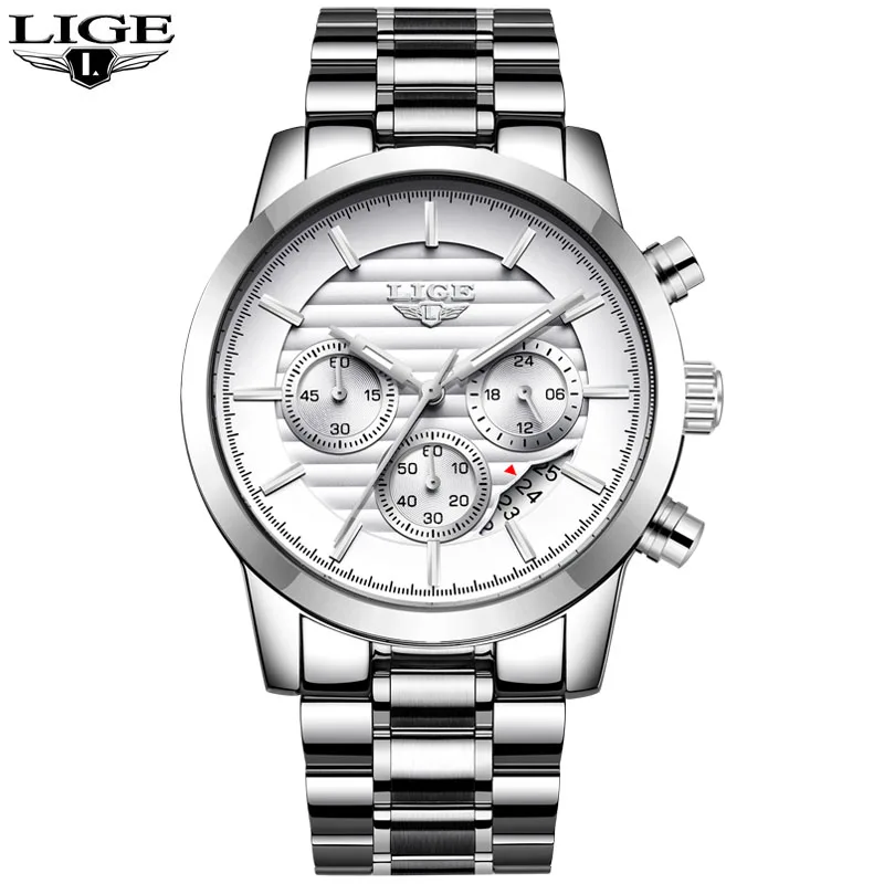 LIGE мужской роскошный бренд часов полная сталь кварцевые часы мужские военные водонепроницаемые платья спортивные мужские модные повседневные relogio masculino - Цвет: steel silver white