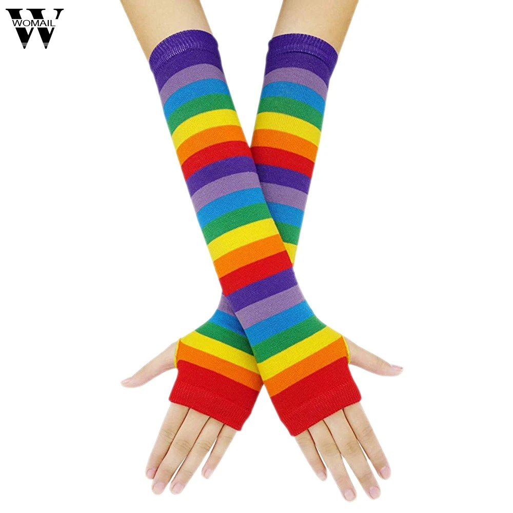 

WOMAIL Long Fingerless Gloves Punk Gothic Rock Color Stripe Long Arm Warmer Fingerless Gloves Rainbow Socks+ handschoenen Set
