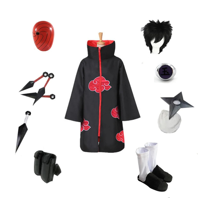 

Cosplay NARUTO Akatsuki Ninja Tobi Uchiha Madara Unisex Party Halloween Costume Red Cloud Cloak Headband Shoes Mask Ring Etc.