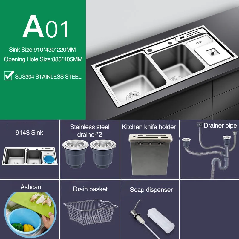 SUS 304 кухонная раковина из нержавеющей стали Тройная чаша 220 мм Глубина раковины над счетчиком или установка под креплением многофункциональные раковины - Цвет: Set-1