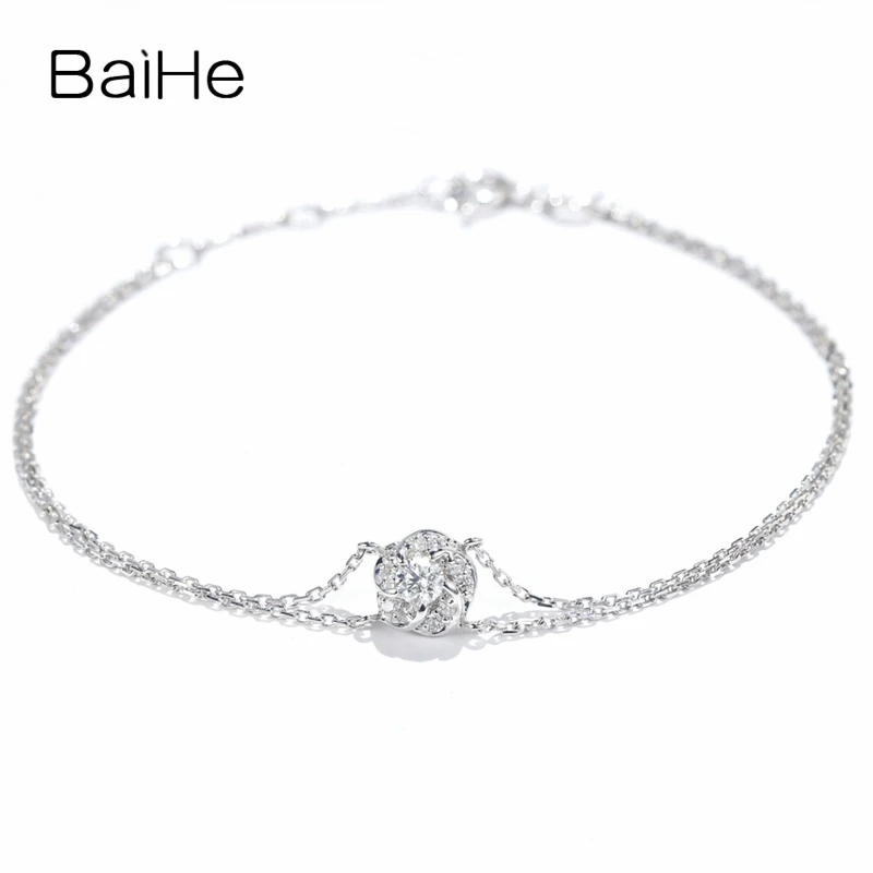 

BAIHE Solid 18K White Gold 0.12ct H/SI Natural Diamond Flower Bracelet Women Fine Jewelry Making Pulsera Flor สร้อยข้อมือดอกไม้