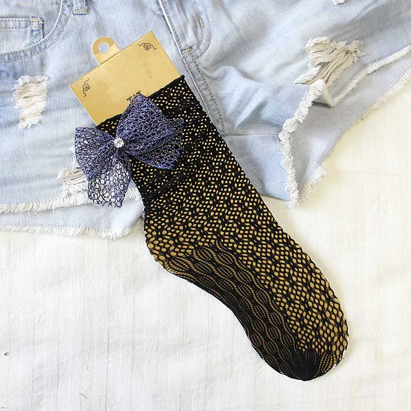 [EIOISAPRA] Роскошные прозрачные перламутровые элегантные носки с галстуком-бабочкой женские носки с дышащей сеткой - Цвет: Black Socks