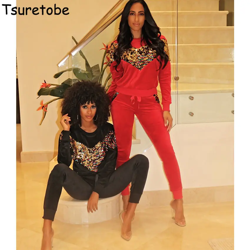 

Tsuretobe Sequin Velvet Two Piece Set Female New Winter Casual Pollover Tops And Bodycon Pants Women Warm Elegant Two Piece Set