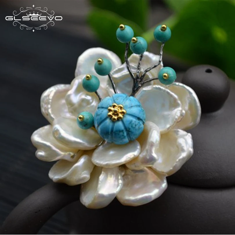 

GLSEEVO Natural Turquoise Brooch Pin Fresh Water Baroque Pearl Flower Brooches For Women Dual Use Luxury Fine Jewelry GO0143