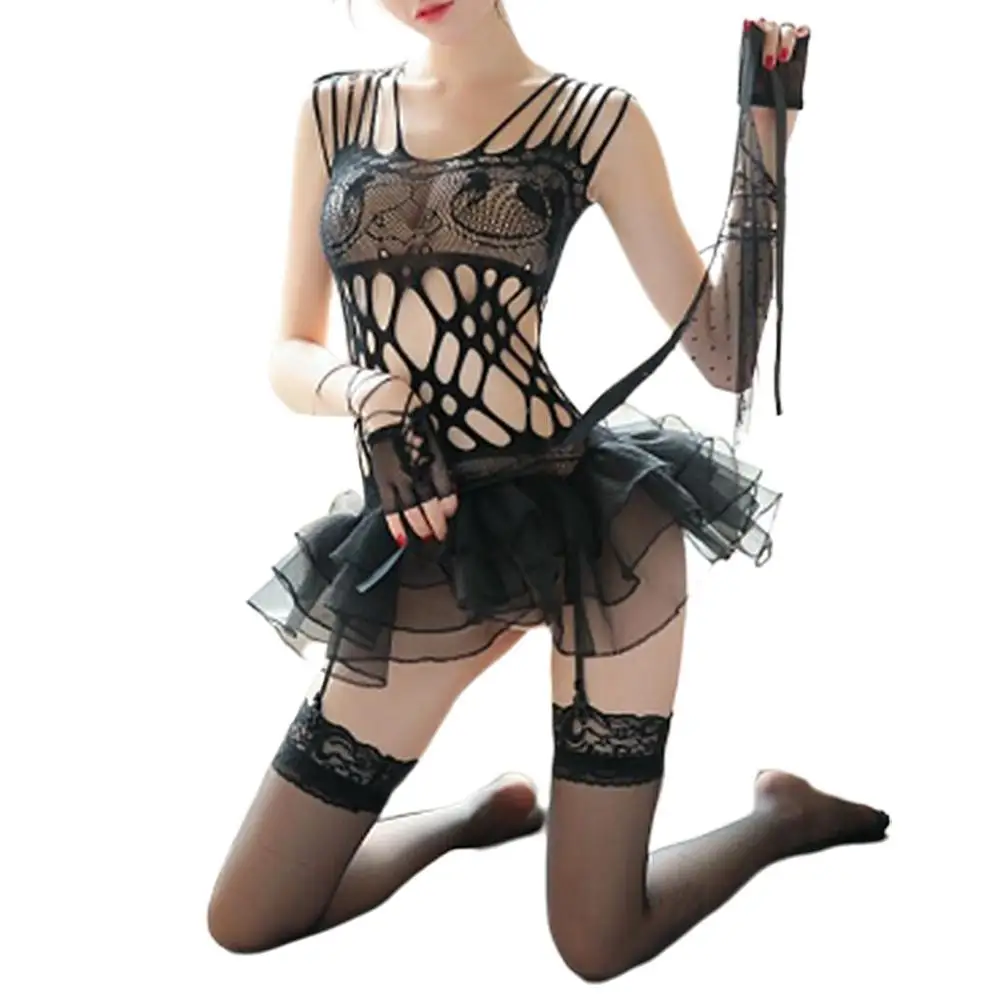 

Women Sexy Black Bowknot Lace Babydoll Slip Dress + Bracelet Lingerie Set Latex Sissy Dress Sexy Nightwear Saroosy Lingerie
