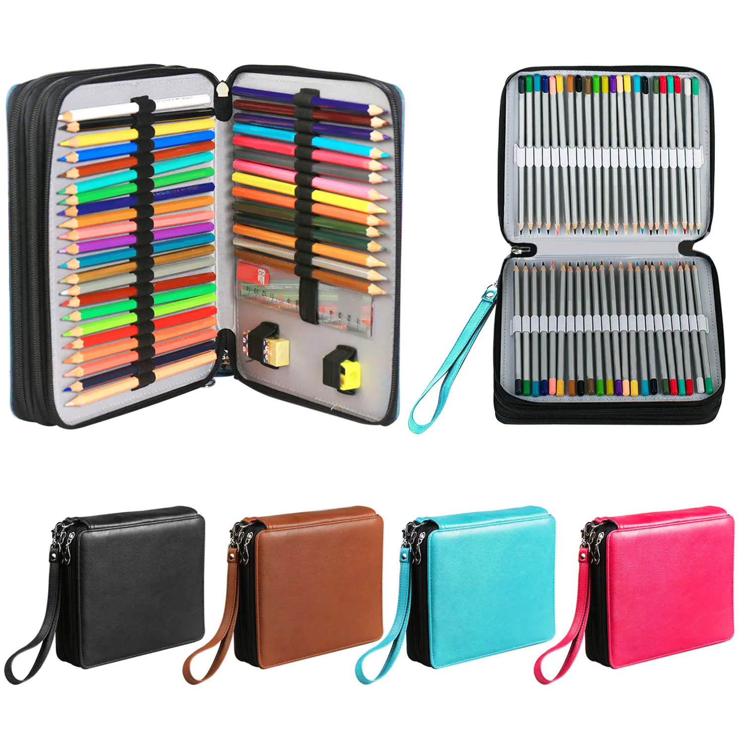 

124 Slots PU Leather 3 Tiers Pencil Case for Art Supplies Pencils Writing Painting Pen Ruler Eraser Zipper Storage Holder Pouch