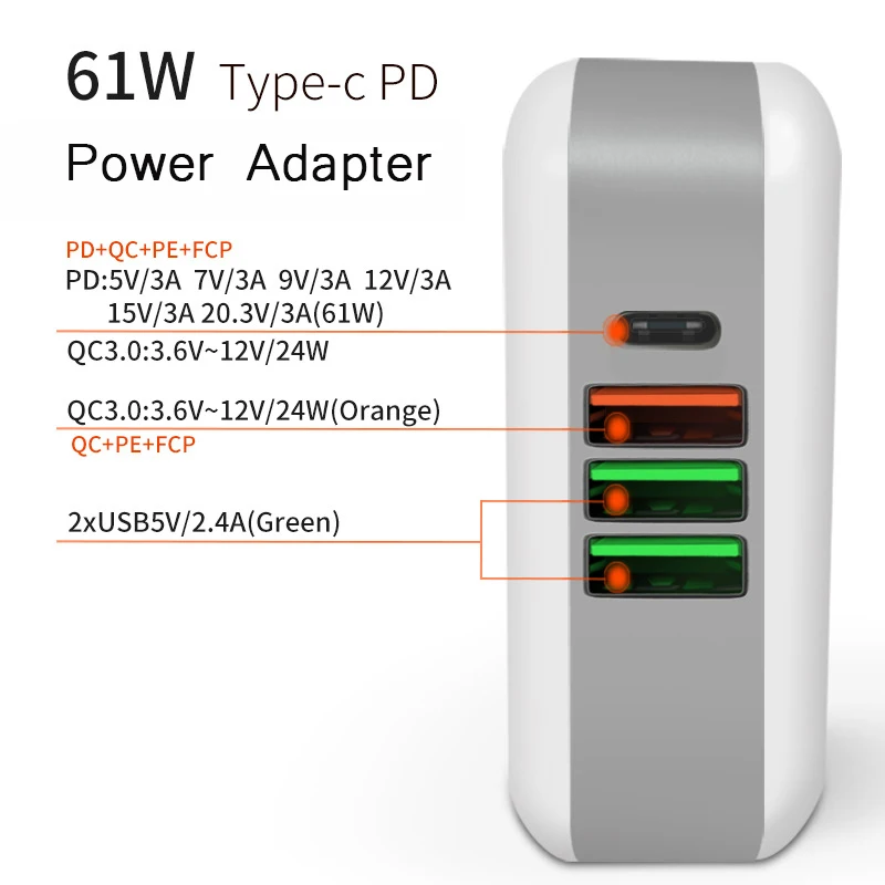 Pаспродажа FERISING 60 Вт font b usb b font type C настенное зарядное устройство QC3.0 QC4.0 мощность для Apple MacBook iPhone XS XR Xiaomi font b USB b font C быстрая PD Быстрая зарядка 3,0 4,0