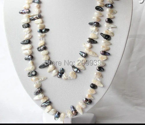 

huij 004066 long 50" white black biwa freshwater cultured pearl crystal necklace