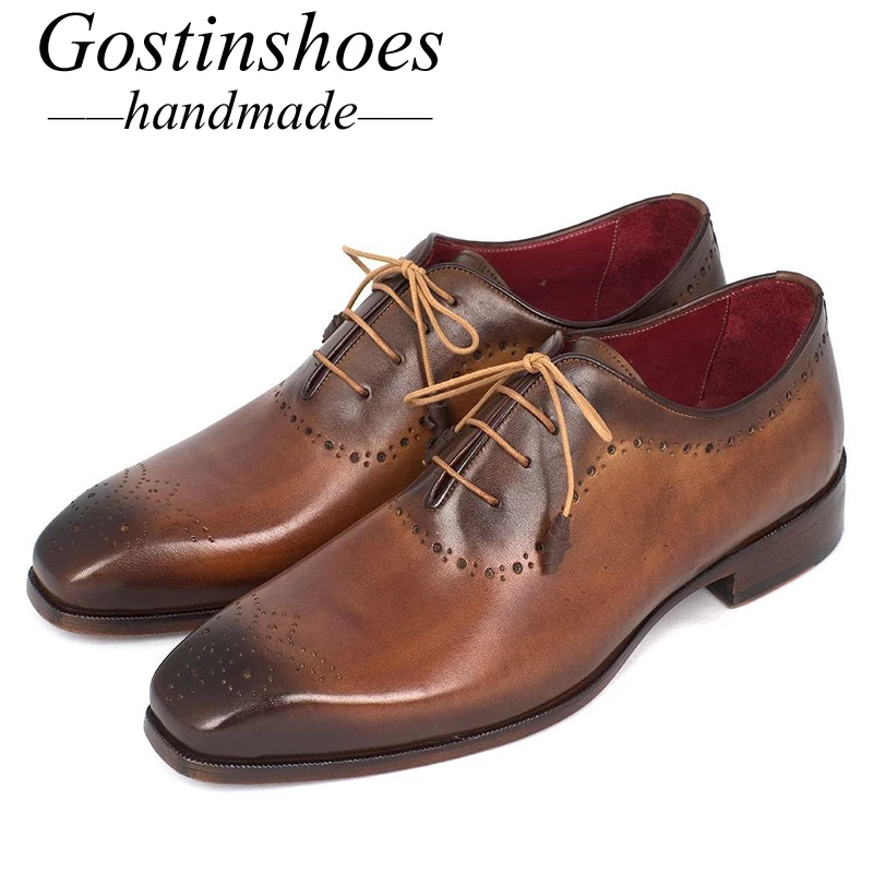 

GOSTINSHOES HANDMADE Formal Shoes Men Genuine Leather Brown Orange Lace-up Square Toe Painted Oxford Shoes Goodyear Welted SCT16