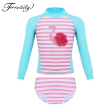 Костюмы из двух предметов для девочек, детская одежда для плавания с длинными рукавами, детский купальный костюм с принтом фламинго, одежда для плавания, купальные костюмы для больших девочек
