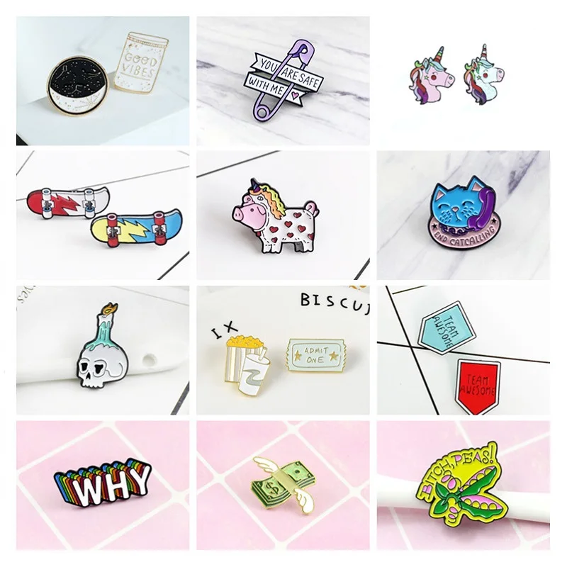 

Constellation Crescent Pin Unicorn Skateboard Pig Unicorn Blue cat Skull candle French fries WHY Team Money Bitch PEAS Brooch