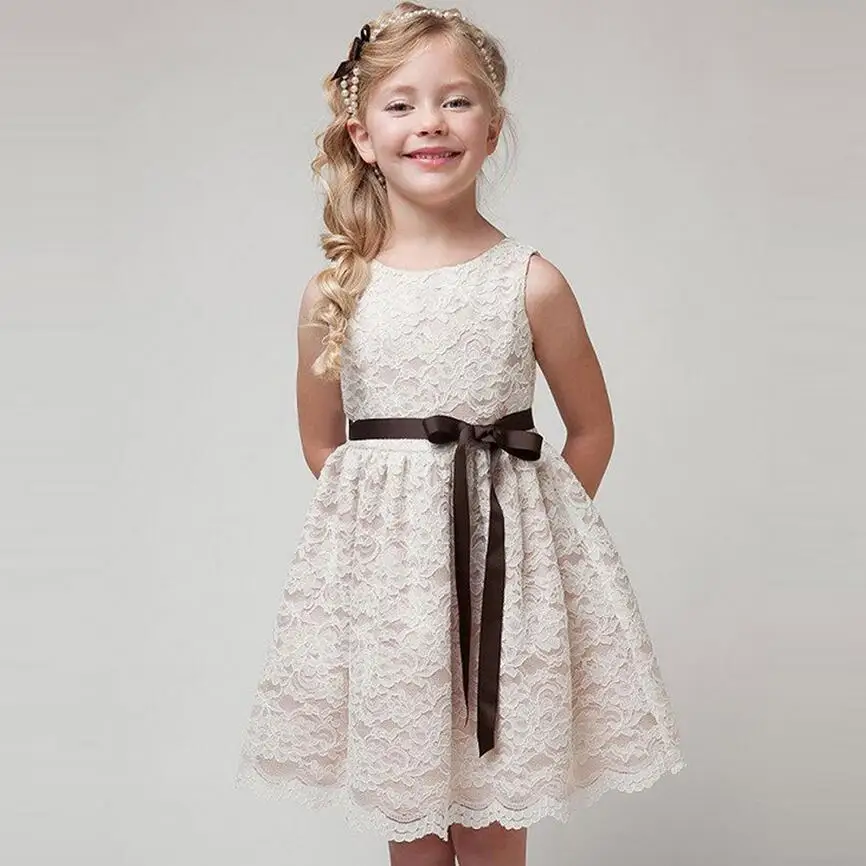 

1pcs girls dress Children big  girl sleeveless Beading lace dress  girls princess Ribbon dress 2colors TZ01