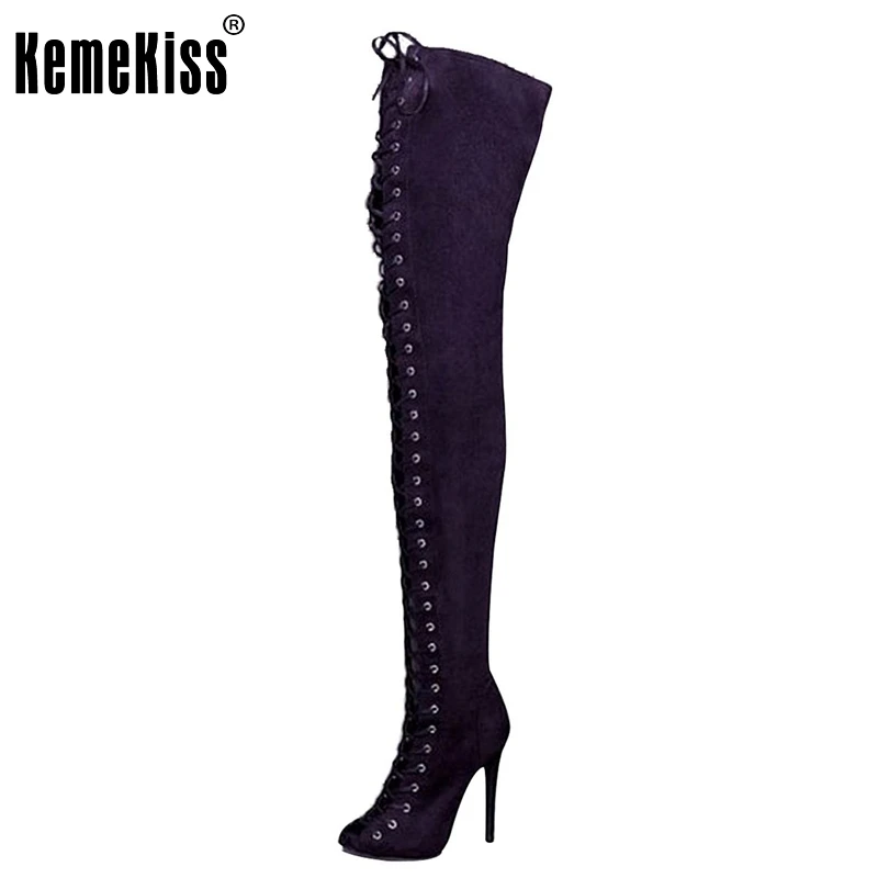 Women Pointed Toe Knee-high Boots Woman Fashion Lace Up Thin High Heels Boots Female High-quality Shoes Size 35-46 B097