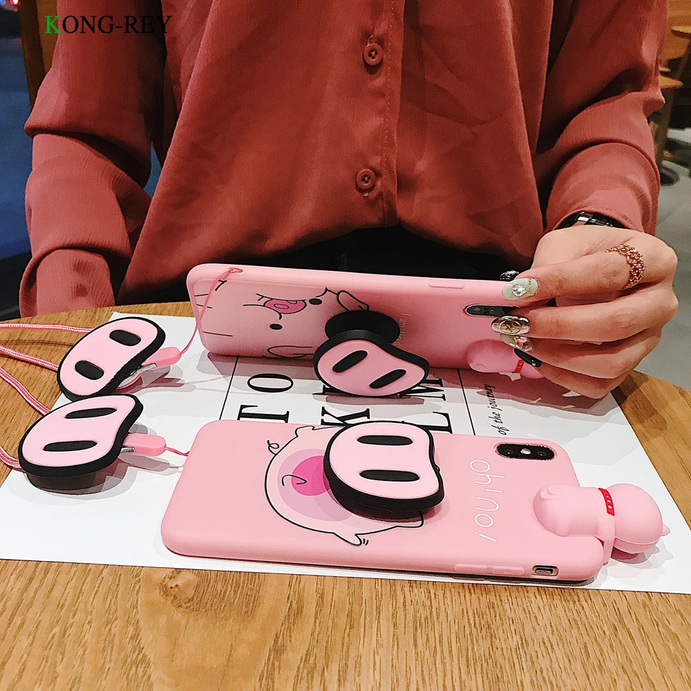 Cute Artoon Pink Silicone Phone Case With Lanyard For iphone 7 8 TPU Soft Cover Case For iphone 6 X XR XS MAX Mobile Phone Co Cute Artoon Pink Silicone Phone Case With Lanyard For iphone 7 8 TPU Soft Cover Case For iphone 6 X XR XS MAX Mobile Phone Co