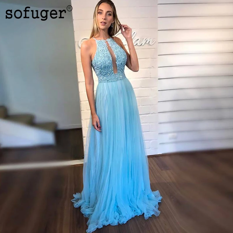Sofuge Light Blue Evening Dresses Beads Backless Pleat Tulle Arabic Muslim Special Occasion