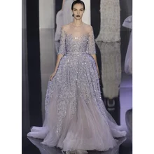 Luxus Licht lila Halbarm Abendkleid Perlen Kristall Durchsichtig Prom Kleider nach Maß Wunderschöne Vestido De Festa