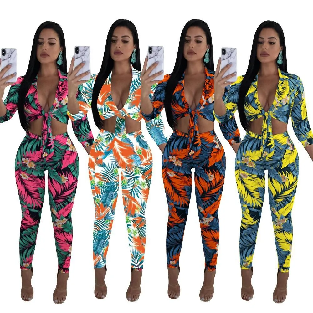 

Plus Size Print Flower Two Piece Set Women Deep V-Neck Crop Top Pencil Pants Sexy Suits Streetwear Ladies Large Size Outfits