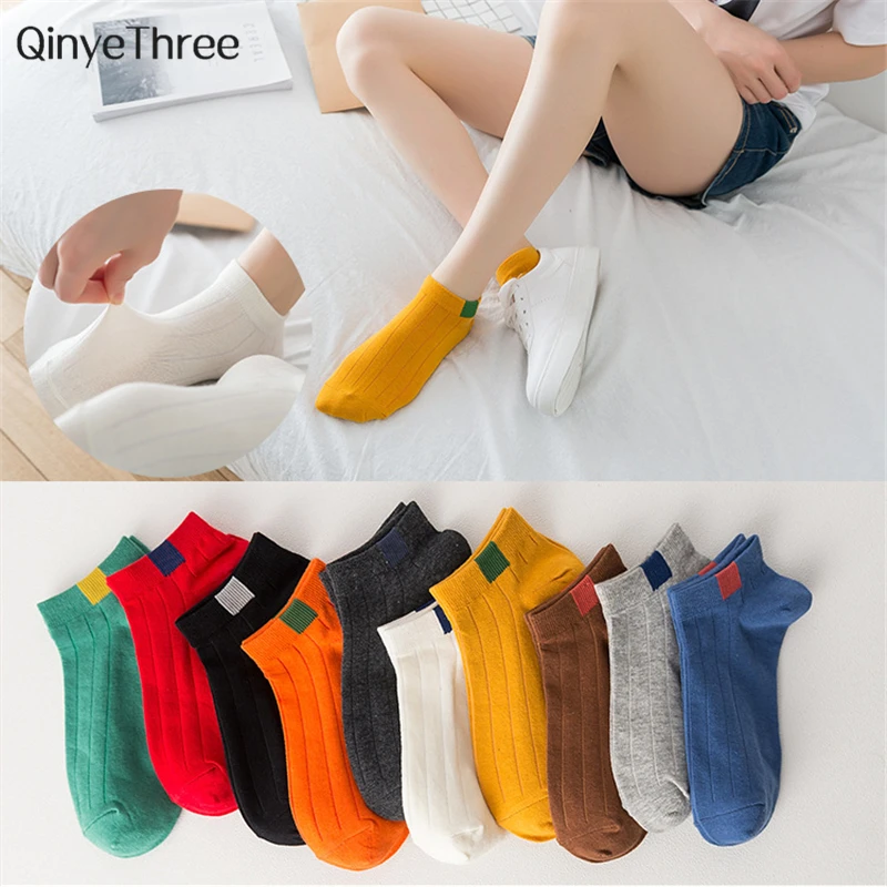 

New fashion women's collage wind vintage socks chic streetwear sokken with candy color label printing wild girls boat sokken