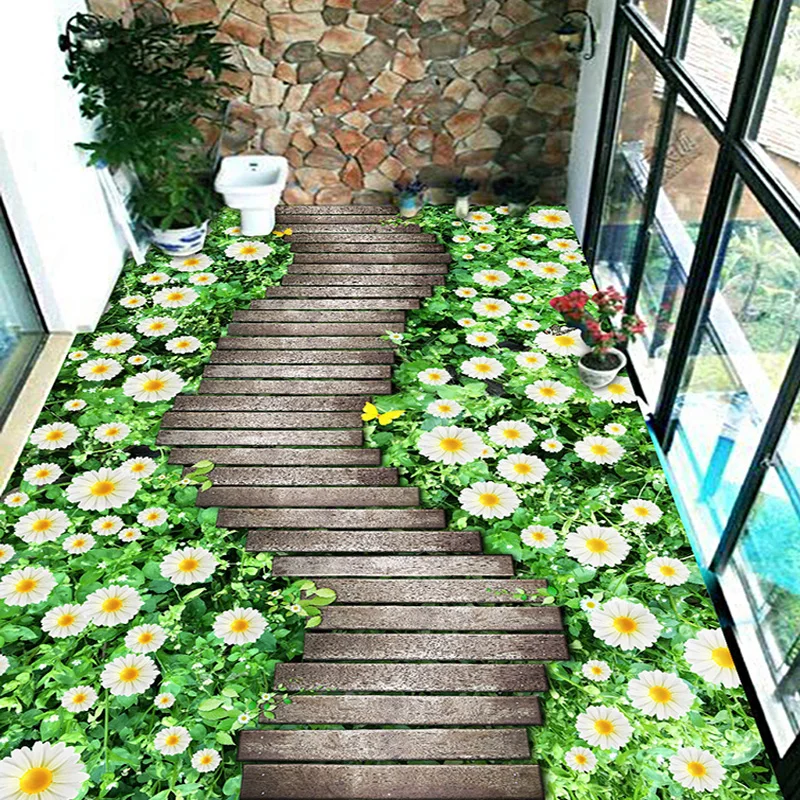 Пользовательские Настенные обои 3D цветы путь деревянный мост плитка для пола живопись стикеры балкон гостиная ПВХ водонепроницаемые обои