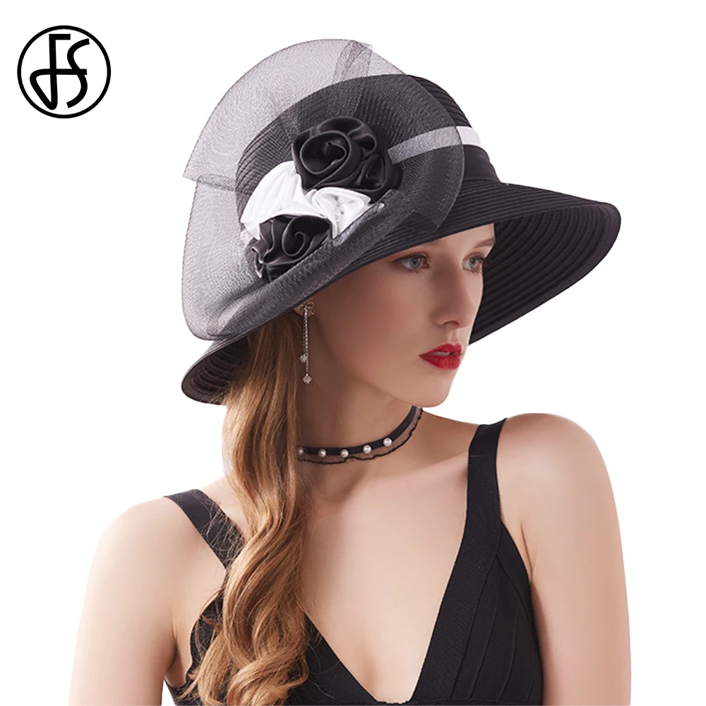 

FS Fascinators Wedding Hat For Women Wide Brim Fedoras Formal Kentucky Derby Hats Red Black Bow Flower Chapeau Femme Mariage