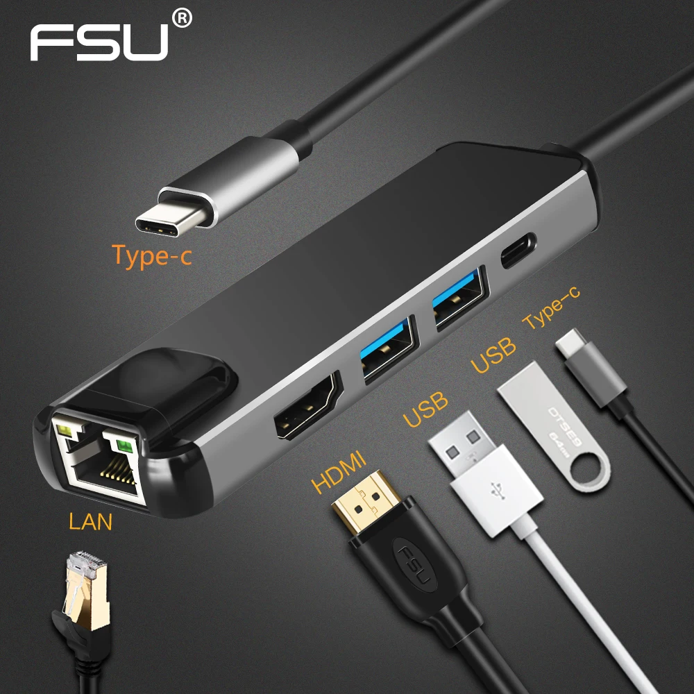 

USB C HUB 4K 1080P High Speed 5 In1 Type C to HDMI/Type-C/USB3.0/LAN Thunderbolt 3 Adapter for Macbook Series Chromebook Laptops