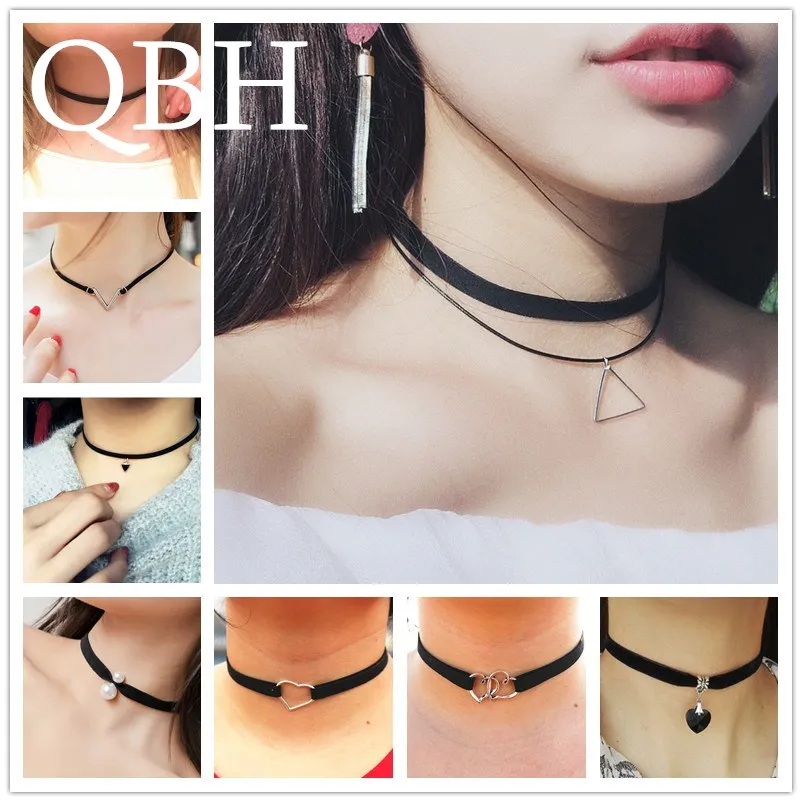 

New Gothic Punk Harajuku Choker Necklace Leather Black Velvet Suede Steampunk Torques Jewelry Triangle LOVE Heart Star Crystal