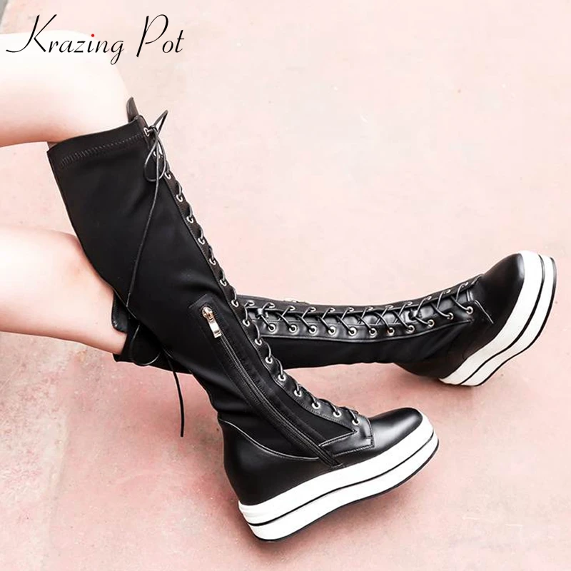 

Krazing Pot top quality cow leather rivets long boots Winter metal rivets lace up round toe platform over-the-knee boots L5f6